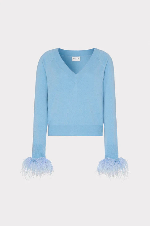 Milly Feather Cuff V-Neck Sweater