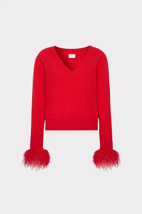 Milly Feather Cuff V-Neck Sweater